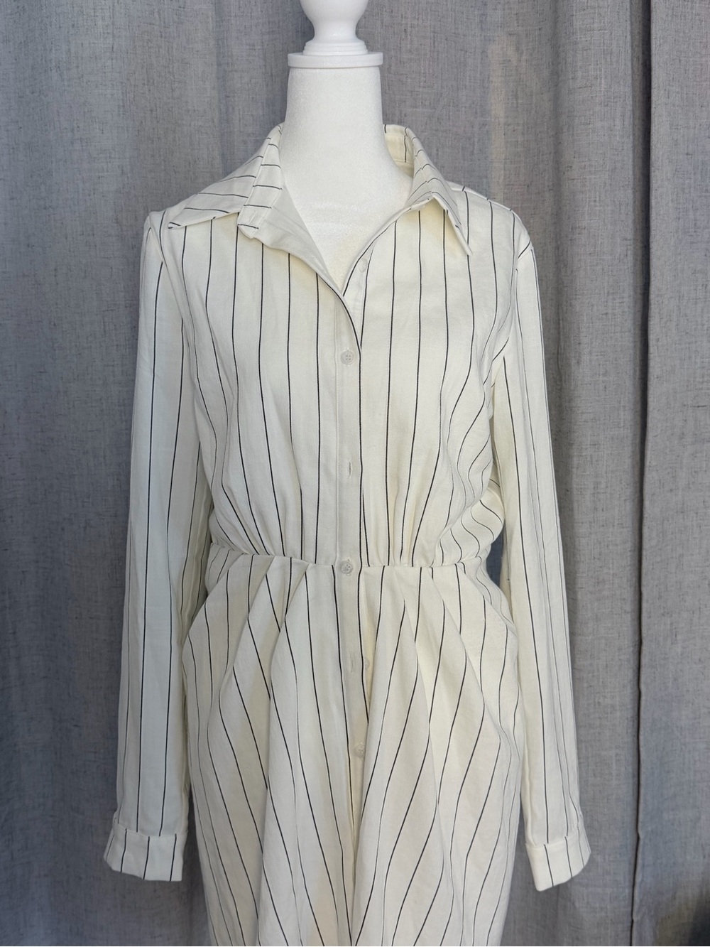 L'Academie Cream Long-Sleeve Pinstripe Shirt Dress